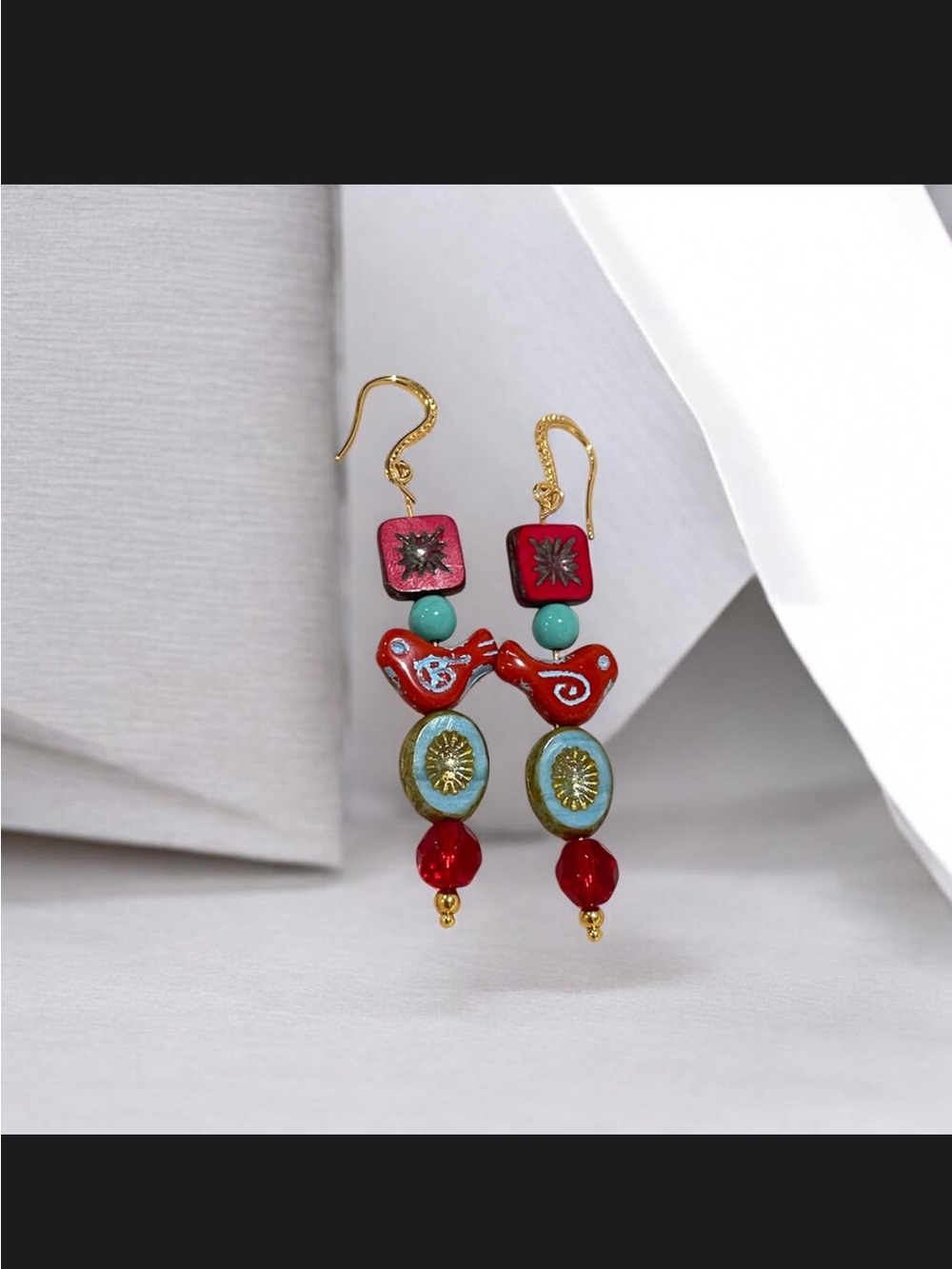 Handmade Red & Turquoise vintage glass Bird Drop Earrings